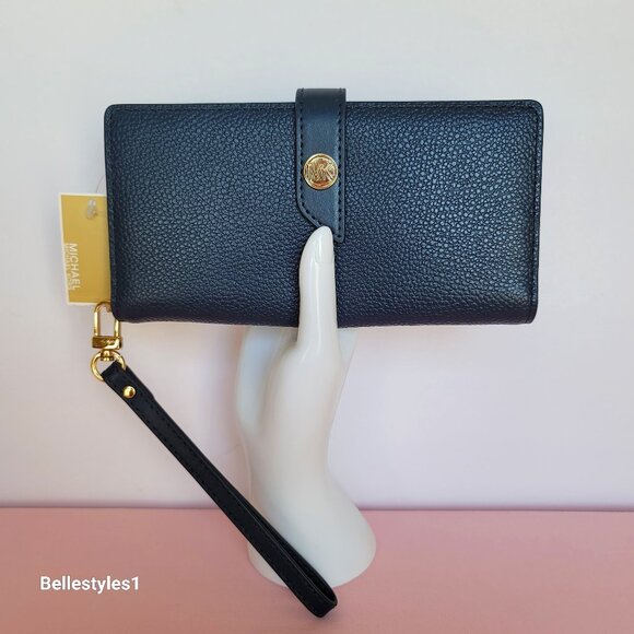 MICHAEL KORS Bifold Pebbled Leather Large Wallet/Wristlet- Navy color 🎈$88.⭐ - Picture 1 of 16